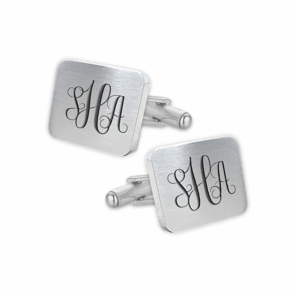 Manchetknopen Rechthoek Mat afgeronde hoeken met Monogram gravure - Zilverkleurig