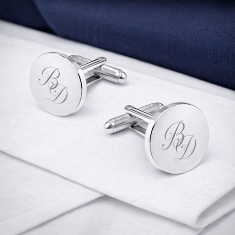 Manchetknopen Rond Glans met Lettergravure - Zilverkleurig