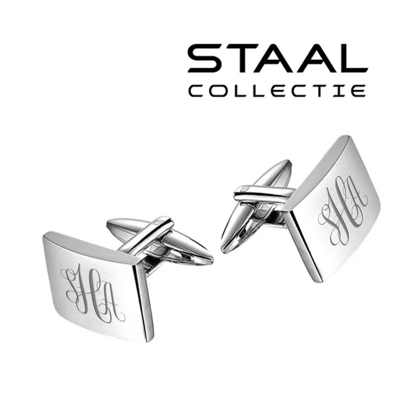 Manchetknopen Edelstaal Rechthoek met Monogram gravure - Zilverkleurig