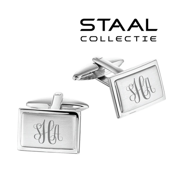 Manchetknopen Edelstaal Facetrand met Monogram gravure - Zilverkleurig