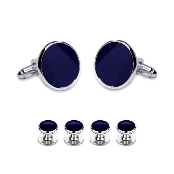 Manchetknopen set met studs, frontknoopjes - Zilverkleurig met Donkerblauw