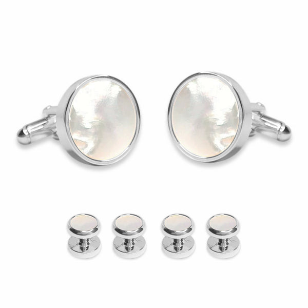 Manchetknopen set met zes studs, frontknoopjes - Zilverkleurig met parelmoer