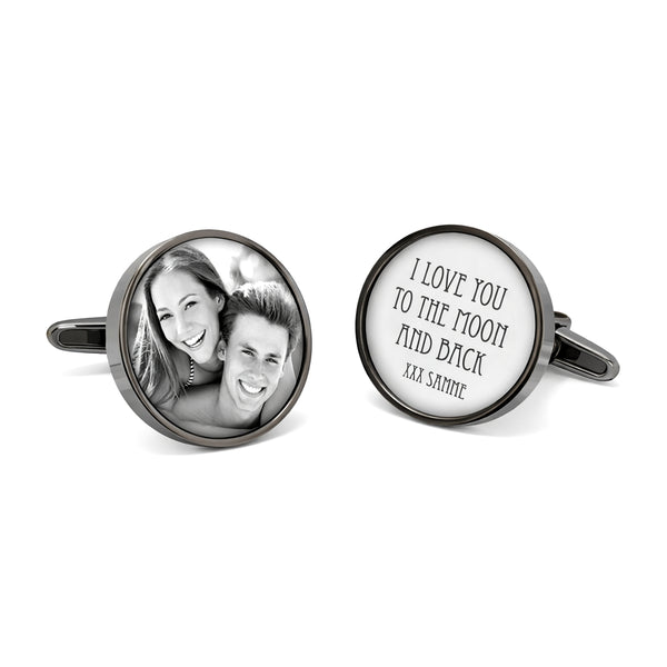 Manchetknopen eigen foto en tekst - Rond antraciet