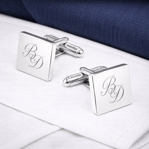 Manchetknopen Vierkant Glans met Lettergravure - Zilverkleurig