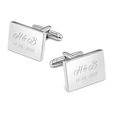 Twee rechthoekige glanzende manchetknopen met persoonlijke datum- en lettergravure