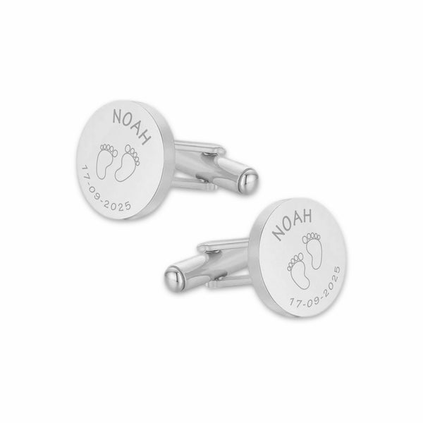 Manchetknopen Rond Glans Baby - Naam en geboortedatum - Zilverkleurig