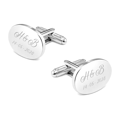 Manchetknopen Ovaal Glans met Datum en Lettergravure - Zilverkleurig