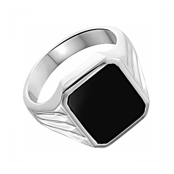 Zegelring Echt Zilver - Zwarte Onyx - brede lijnen - maat 21