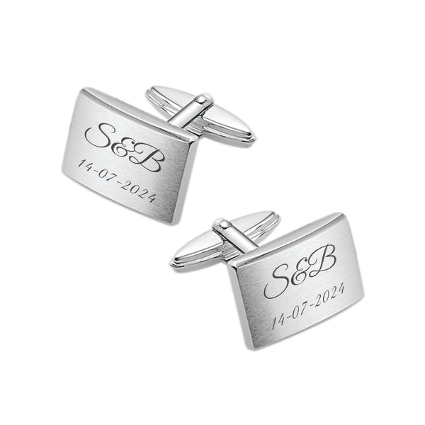 Zilveren Manchetknopen Gebolde Rechthoek met Datum en Lettergravure - Sterling Zilver
