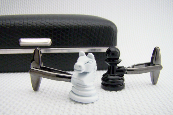 Manchetknopen Schaakspel Paard & Pion Zwart Wit