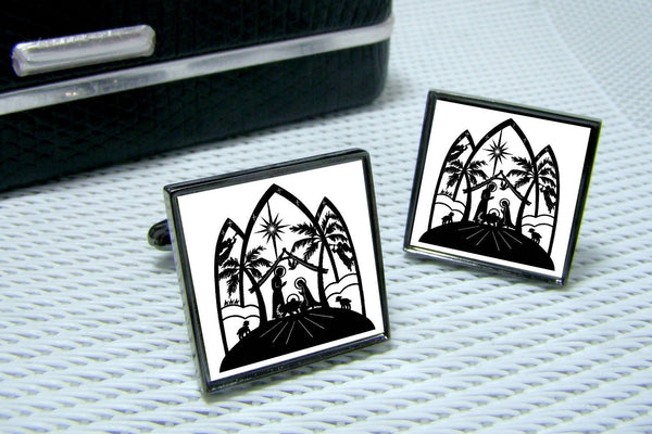 Manchetknopen Kerststal Zwart-Wit