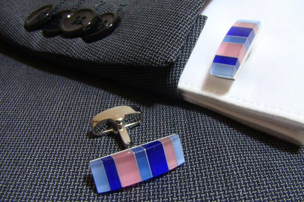 Manchetknopen Strepen Blauw met Roze