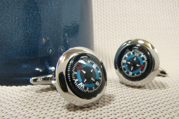 Manchetknopen Kompas Blauw (echt werkend)