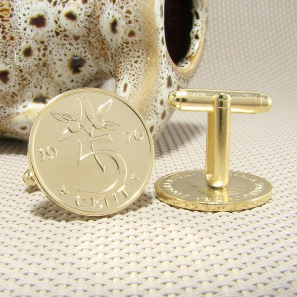 Manchetknopen gemaakt van 5 cent, stuiver 1976 (14 Karaat Geelgoud Verguld)