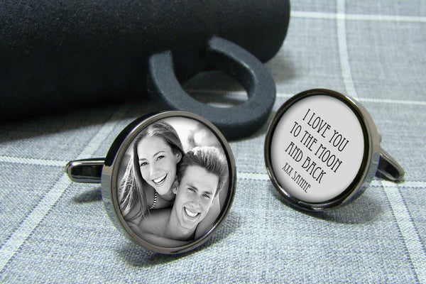 Manchetknopen eigen foto en tekst - Rond antraciet