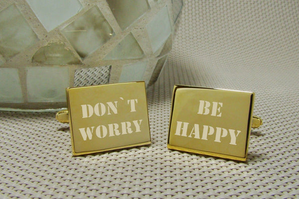 Manchetknopen Don't Worry, Be Happy Gegraveerd Goudkleurig