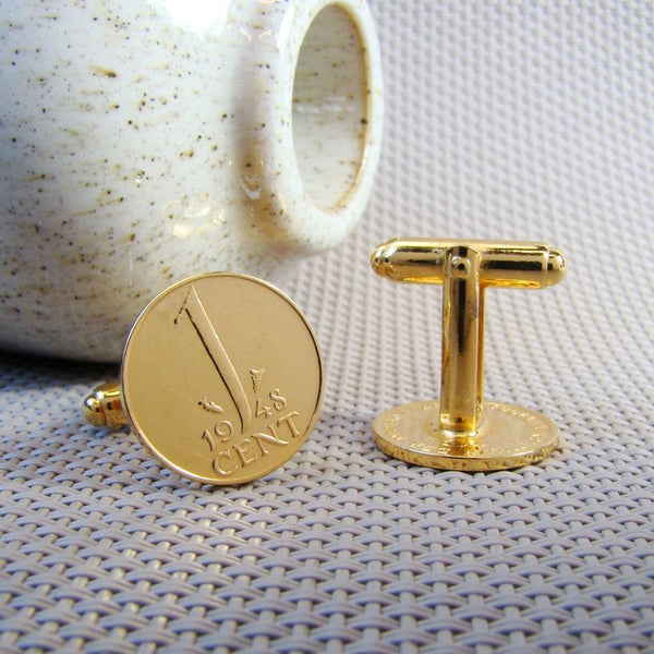 Manchetknopen gemaakt van 1 cent 1948 Verguld