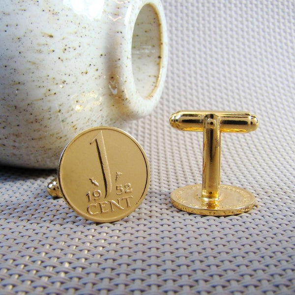 Manchetknopen gemaakt van 1 cent 1952 Verguld