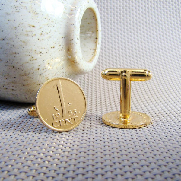 Manchetknopen gemaakt van 1 cent 1953 Verguld