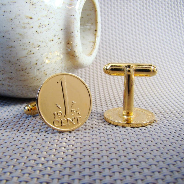Manchetknopen gemaakt van 1 cent 1954 Verguld