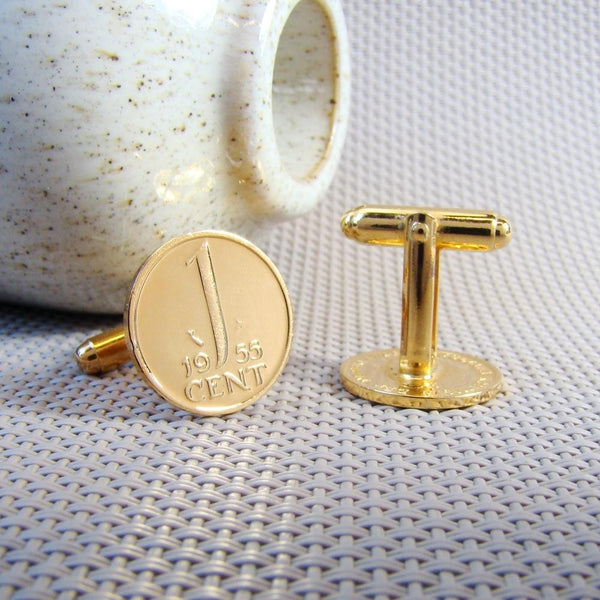 Manchetknopen gemaakt van 1 cent 1955 Verguld