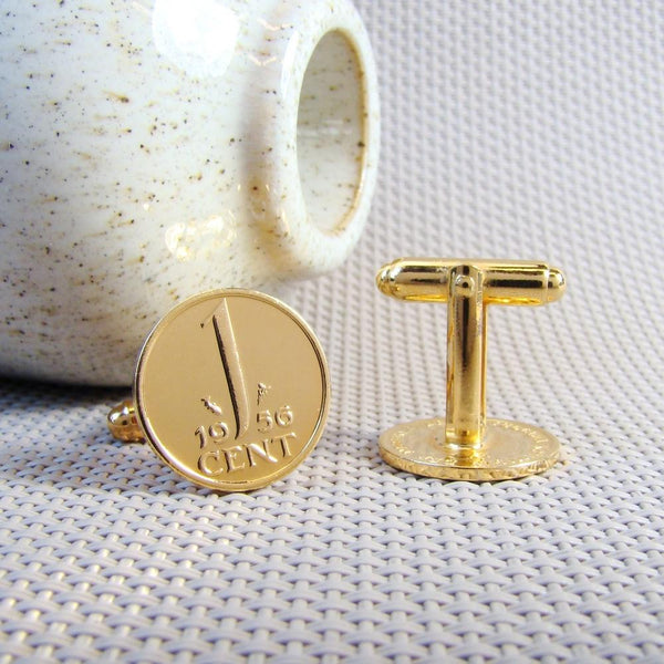 Manchetknopen gemaakt van 1 cent 1956 Verguld