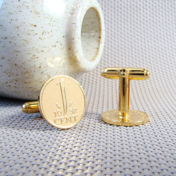 Manchetknopen gemaakt van 1 cent 1957 Verguld