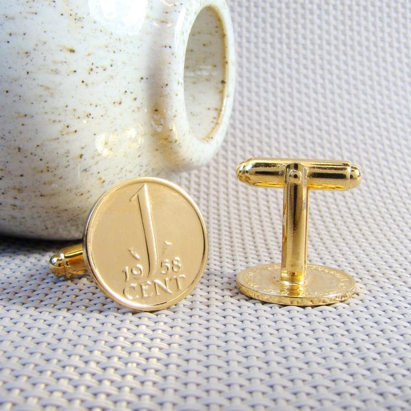 Manchetknopen gemaakt van 1 cent 1958 Verguld