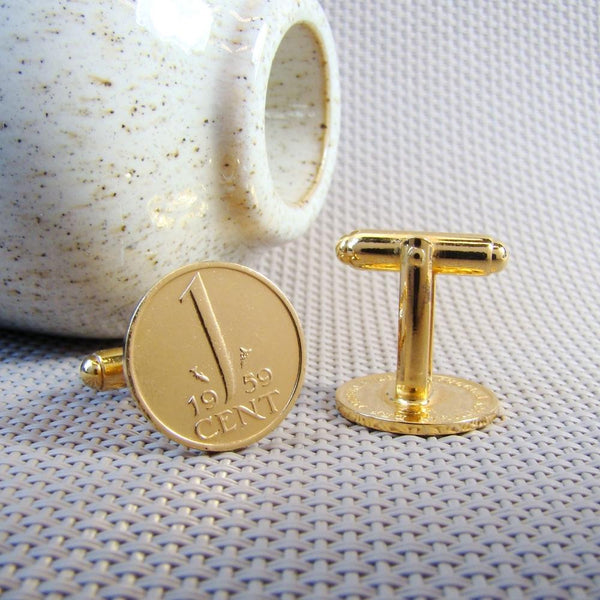 Manchetknopen gemaakt van 1 cent 1959 Verguld