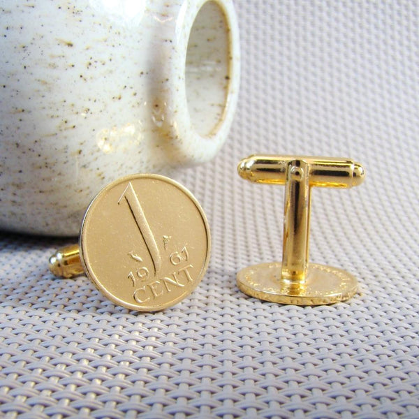 Manchetknopen gemaakt van 1 cent 1961 Verguld