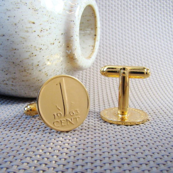 Manchetknopen gemaakt van 1 cent 1963 Verguld