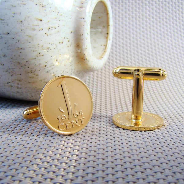 Manchetknopen gemaakt van 1 cent 1964 Verguld