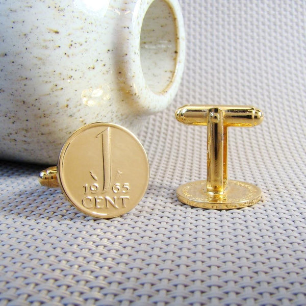 Manchetknopen gemaakt van 1 cent 1965 Verguld