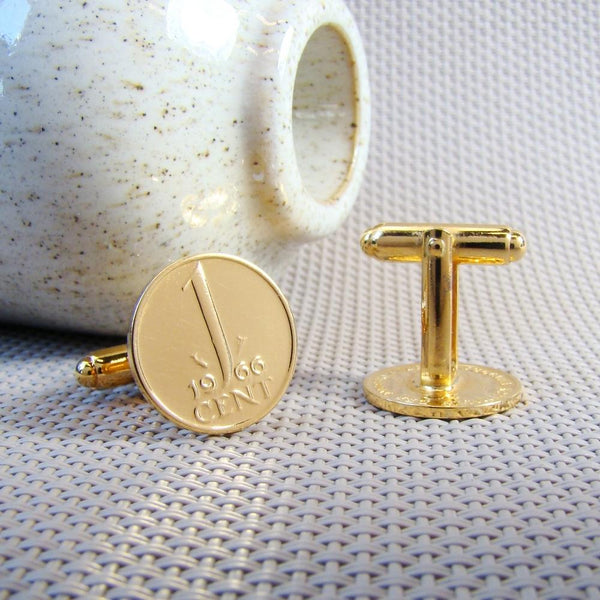 Manchetknopen gemaakt van 1 cent 1966 Verguld