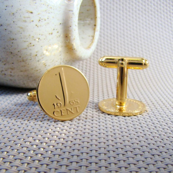 Manchetknopen gemaakt van 1 cent 1968 Verguld