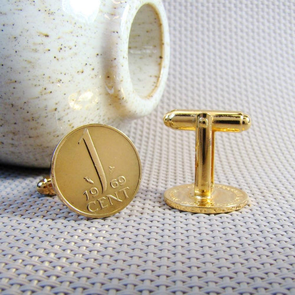 Manchetknopen gemaakt van 1 cent 1969 Verguld