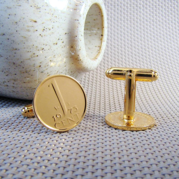 Manchetknopen gemaakt van 1 Cent 1973 Verguld