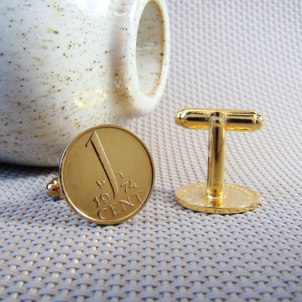Manchetknopen gemaakt van 1 Cent 1974 Verguld