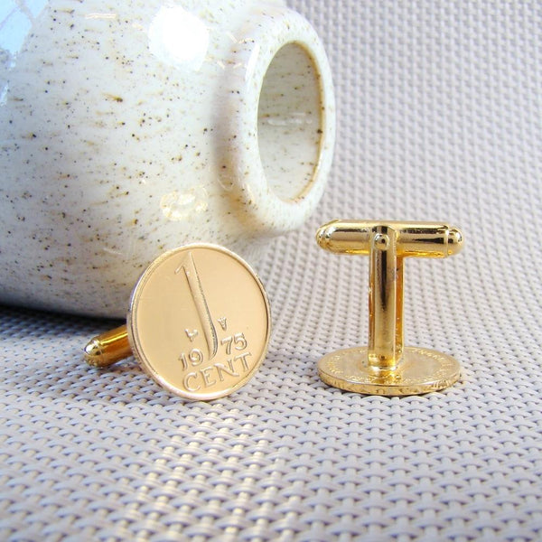 Manchetknopen gemaakt van 1 Cent 1975 Verguld