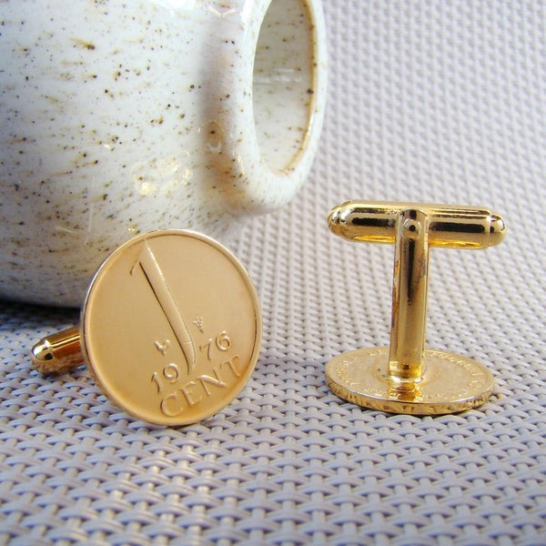 Manchetknopen gemaakt van 1 Cent 1976 Verguld