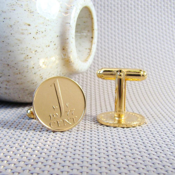 Manchetknopen gemaakt van 1 Cent 1977 Verguld