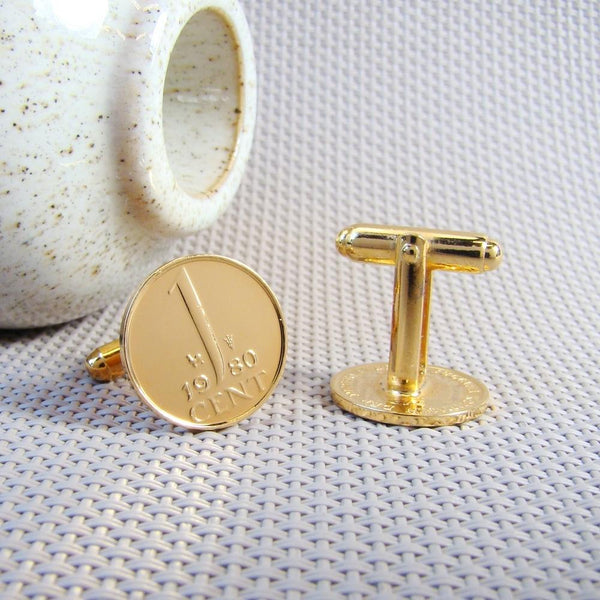Manchetknopen gemaakt van 1 Cent 1980 Verguld