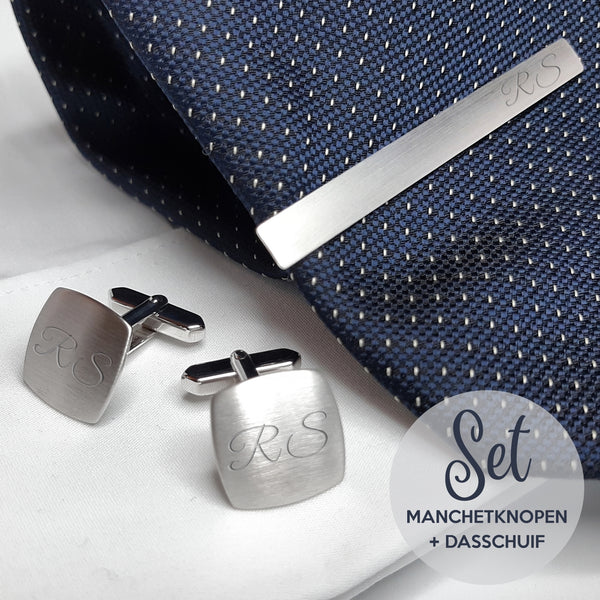 Manchetknopen en Dasschuif Echt Zilver - Vierkant