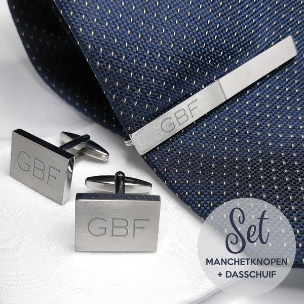 Manchetknopen Rechthoek Mat met bijpassende dasschuif - inclusief gravure