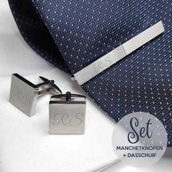 Manchetknopen Vierkant Mat met dasschuif - inclusief gravure