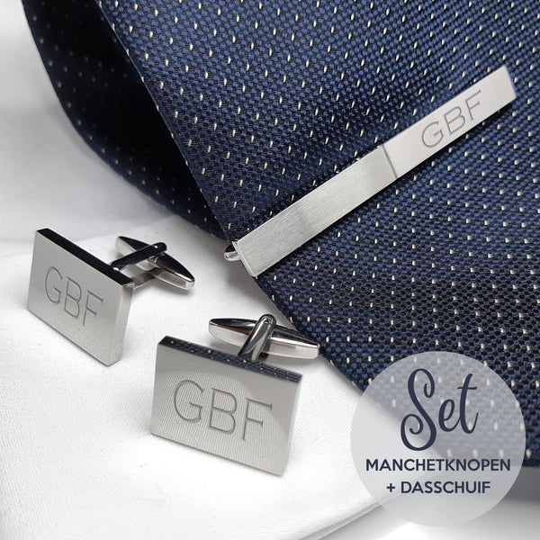 Manchetknopen Rechthoek Glans met dasschuif - inclusief gravure