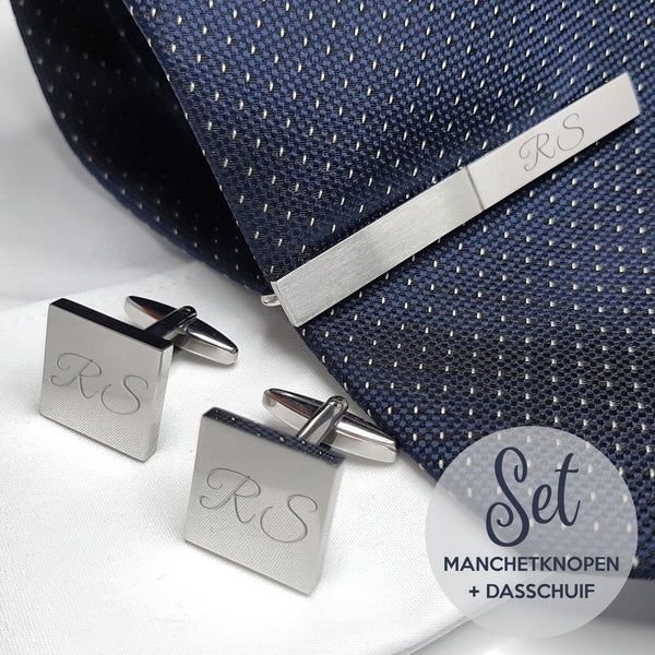 Manchetknopen Vierkant Glans met dasschuif - inclusief gravure