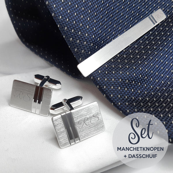 Manchetknopen en Dasschuif Echt Zilver - Twee banen