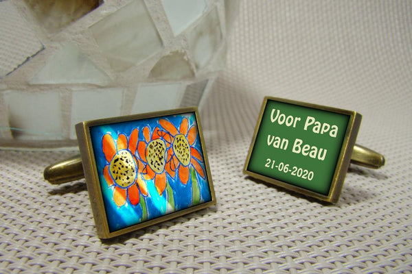 Tijdelijk niet leverbaar - Manchetknopen eigen foto en tekst - Rechthoek donker goudkleurig