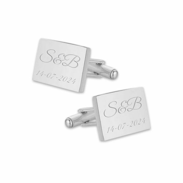 Manchetknopen Rechthoek Glans met Datum en Lettergravure - Zilverkleurig